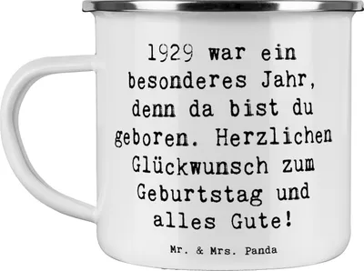 Produktbild von Mr. & Mrs. Panda Emaille Tasse Spruch 1929 Geburtstag - Weiß - Geschenk, Geburtstagswunsch, historisches Jahr, Pott, 90., Haferl, Teetasse, Happy Birthday, becher, Alter