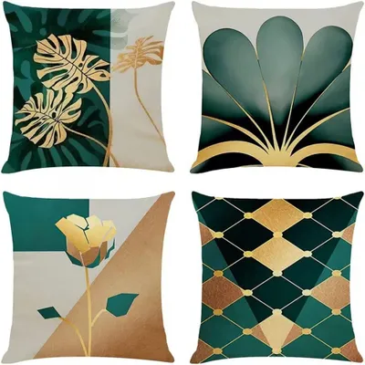 Obrázek produktu pro sada 4 povlaků na polštáře 45x45 cm, lněné, dekorativní, zlatozelené, ve stylu ginkgo, venkovský styl, přírodní povlak na polštář, polštáře na pohovku, moderní povlaky na polštáře do obývacího pokoje