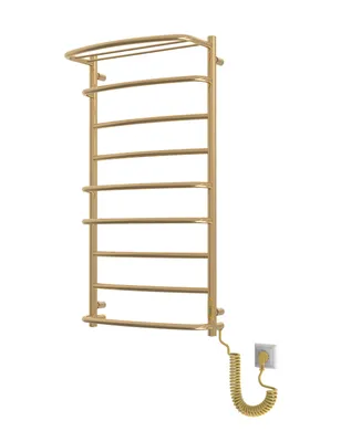 A gold-colored electric towel warmer with a coiled power cord and plug.