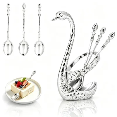 Schwanenlöffelhalter-Set, 6 Teelöffel, Metall, silber