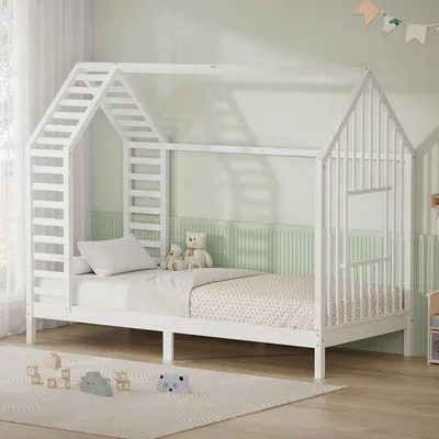 Produktbild von ML-Design Kinderbett 90x200 cm Weiß mit Lattenrost, Hausbett mit Dach & Fenster, Bettgestell aus Kiefernholz, Montessori Holzbett für Mädchen, Jungen