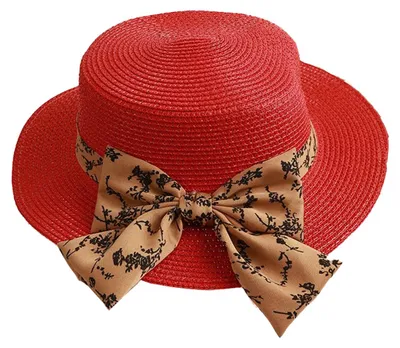Produktbild von Damen-Strohhut mit flachem Oberteil und Schleife, kleiner Sommer-Zylinder, Stroh-Sonnenhut, Hutumfang 56-58 cm