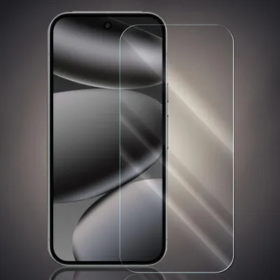 A clear screen protector is shown placed over a smartphone screen.