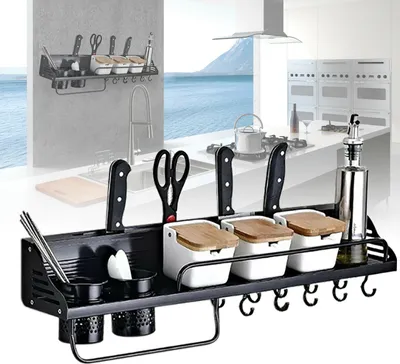Obrázek produktu pro 80cm nástěnná police hliníková s 10 háčky stojan na kořenky stojan na nože kuchyňská police úložná police koupelnová police závěsná police síťová police (černá)