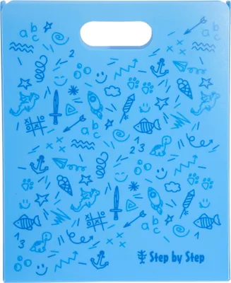 A light blue plastic box with a handle and various cartoon-like drawings on it.