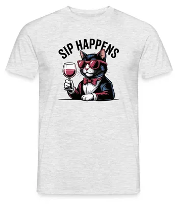 Produktbild von Spreadshirt Coole Katze Mit Weinglas Männer T-Shirt, M, Grau meliert