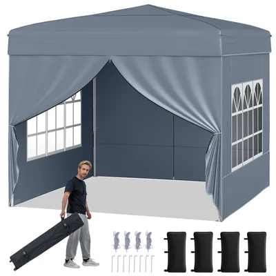 Produktbild von COSTWAY Pavillon 3x3m, Pop up Faltpavillon mit 4 abnehmbaren Seitenwänden & Sonnenschutz, 3-fach höhenverstellbares Partyzelt, Gartenpavillon Grau
