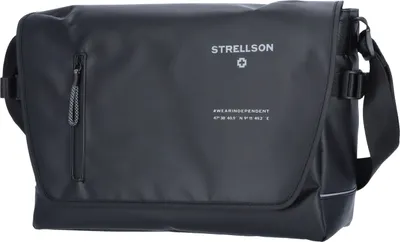 A black messenger bag is shown against a white background.