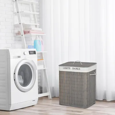 Produktbild von SUGIFT Wäschekorb mit Deckel 100L, 2 Fächer, herausnehmbarer Wäschesack, Bambus Wäschesammler, Grau+Weiß | 52x32x63 cm | waschbar | 3 Tragriffe