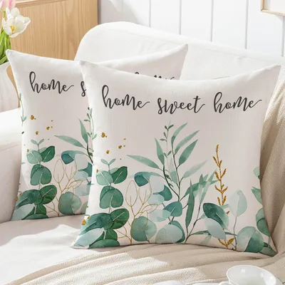 Produktbild von Set mit 2 Kissenbezügen (50 x 50 cm), grüne und weiße Eukalyptusblätter, Outdoor-Kissen für Sofa, Dekokissen, Zierkissenbezüge, Gartenbankdekoration