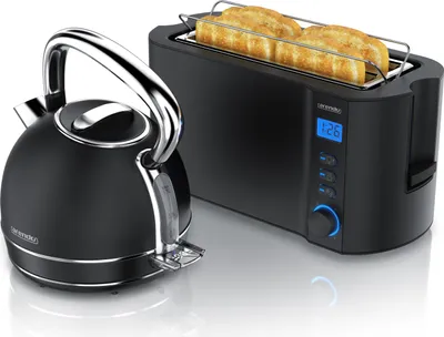 Image de Arendo Breakfast Set acier inoxydable, bouilloire avec réglage de la température 1,7l, grille-pain 4 disques à fentes longues, grille-pain 4 disques, support à petits pains, Vintage, noir