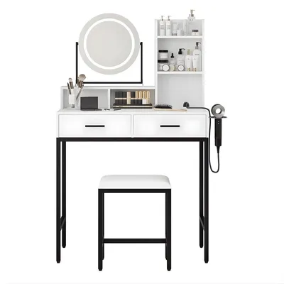 Imagen del producto de Tocador – Para dormitorio – Gran tocador con espejo giratorio de 360°, taburete e iluminación ajustable de 3 colores – Con puertos USB – Blanco/