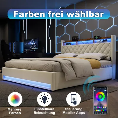 Produktbild von okwish 180×200 Jugendbett mit LED-Beleuchtung und USB, Polsterbett mit Stauraum-Kopfteil und Bettkasten, Beige,ohne Matratze