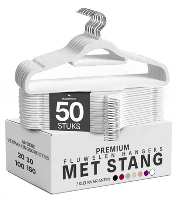 Zdjęcie produktu dla Wieszak na ubrania Wieszaki aksamitne - 50 sztuk - Biały - 42 x 22 x 0,5 cm - Obrotowy o 360 stopni
