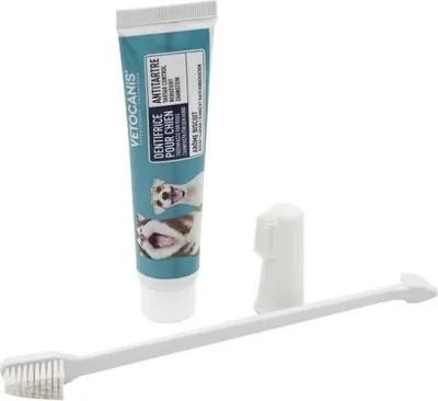 Produktbild von Hunde Zahnputz Set, VETOCANIS, Zahnpflege mit Zahnbürste, Keksgeschmack Zahnpasta & Massagefinger