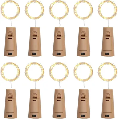 A set of 10 LED string lights with cork-shaped battery holders, arranged in two rows on a white background.