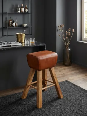 Produktbild von Barhocker Turnbock 43x75x43 cm Mango Massivholz / Echtleder, Design Barstuhl Braun, Lederhocker ohne Lehne, Country Hocker Tresenstuhl