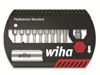 Produktbild von Wiha Bit Set FlipSelector Standard 25 mm Innensechskant 11-tlg. 1/4, Bitsatz mit magnetischem Universalhalter in praktischer Box, öffnen per Knopfdru
