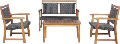 Produktbild von 4-sitziges Gartenmöbelset, Balkonset aus Polyrotan mit 2 Sitzmöbeln & Sofa & Tisch, Sitzgruppe aus Akazienholz, Gartenmöbel aus Rotan, Balkonmöbel, Rotanmöbel, Lounge-Sitzgruppe für Balkon