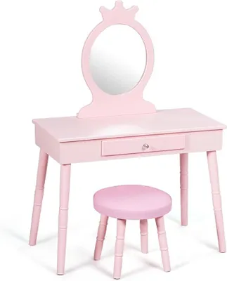 Produktbild von 2 in 1 Kinderschminktisch, rosa Schminktisch & Schreibtisch mit abnehmbarem Spiegel & Hocker, Prinzessinnen-Kosmetiktisch in rosa für Mädchen