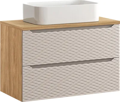 Zdjęcie produktu dla Szafka Łazienkowa 90 Cm Z Blatem I Umywalką 61 Cm – Front 3D Beż, Blat Dąb Olejowany