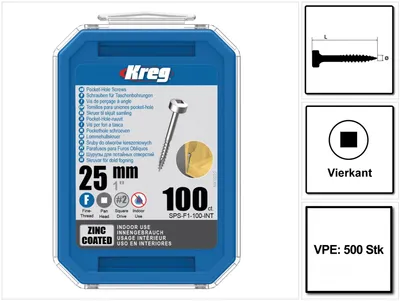 Zdjęcie produktu dla KREG Śruba z łbem walcowym z otworem gniazdowym 25mm 500szt. ( SPS-F1-500 ) Napęd kwadratowy Gwint częściowy Gwint drobnozwojny Samogwintująca ocynkowana
