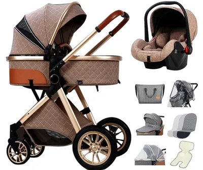 Produktbild von Luxus Multifunktionale 3-in-1 Kombi-Kinderwagen – Qualitative Buggy – Zusammenklappbarer Kinderwagen – Khaki – Inkl. Autositz