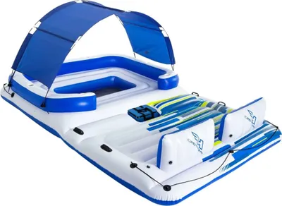 An inflatable island with a canopy and seating areas, shown on a white background.
