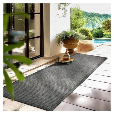 Produktbild von Wetterfester Outdoor-Teppich Einfarbig Schwarz für Küche, Balkon, Terrasse, Garten und Wohnzimmer 80 x 250 cm