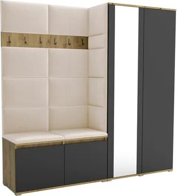 Produktbild von Garderoben-Set Noris IV mit Spiegel, gepolsterte Garderobe mit Sitzbank, Wandpaneelen und Stauraum (Farbe: Artisan Eiche/Schwarz + Trinity 01)