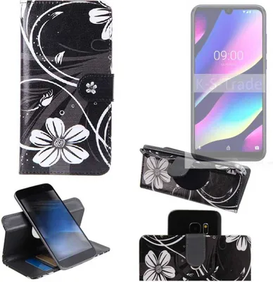 Produktbild von K-S-Trade Schutzhülle Handyhülle kompatibel mit Wiko View 3 Lite Hülle 360° Wallet Case ''Flowers'' Klapphülle Hülle schwarz-weiß 1x