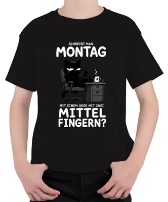 Immagine prodotto di Maglietta per bambini, colore nero, taglia 116, con la scritta "Lunedì" e un'espressione sarcastica