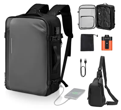 Produktbild von VEVOR Vakuum-Reise-Rucksack, 65L, erweiterbarer Vakuumversiegelter Kompressions-Reiserucksack, mit TSA-zugelassenem Schloss, mehreren Taschenfächern, wasserabweisendem Handgepäck, ohne Pumpe, Schwarz, 45 L-b, Grau (Pumpe enthalten)