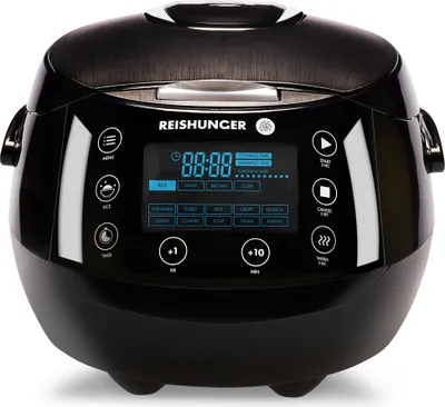 Produktbild von Reishunger Reiskocher Schwarz, 1,5 Liter, 39x29x24 cm, 860 Watt, 538-DRK, Edelstahl-/Keramik-Antihaftbeschichtung, Kochen, Dämpfen, Backen, Warmhalten, 7-Phasen-Kochtechnologie, 3D-Hitzeverteilung