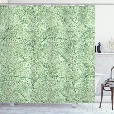 Image de ABAKUHAUS Rideau de douche naturel, motif monotone représentant un arrangement désordonné de feuilles de bananier et de monstera, 175 x 220 cm, vert clair