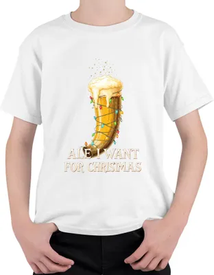 Produktbild von Ale I Want For Christmas Wikinger Trinkhorn Bier Geschenk lustig Uni Kinder T-Shirt, Weiß, 152