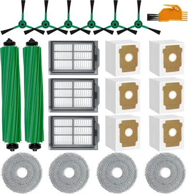 A collage of cleaning accessories for a robot vacuum cleaner.