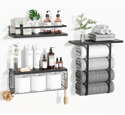 Productafbeelding van Wandplankenset voor de Badkamer met Handdoekrek en Opbergmand