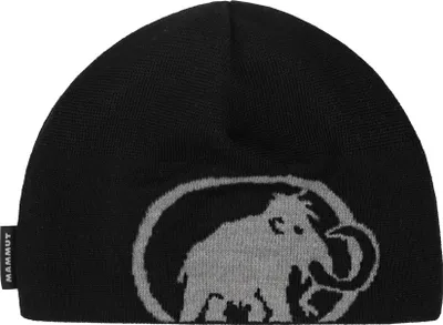 A black beanie with a gray mammoth logo and brand name.