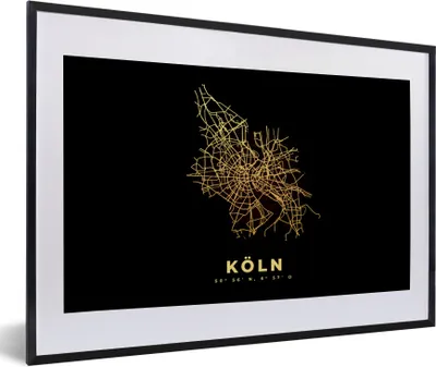Produktbild von MuchoWow® Gerahmtes Poster Köln - Karte - Gold - Stadtplan 60x40 cm - Poster mit Schwarzem Bilderrahmen Wandposter Rahmen Foto Bilder - Schlafzimmer - Plakat in Rahmen - Drucken