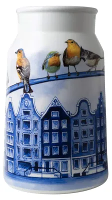 Productafbeelding van Heinen Delfts Blauw – Vaas, ontwerp "Melkbus", motief: grachtenpanden