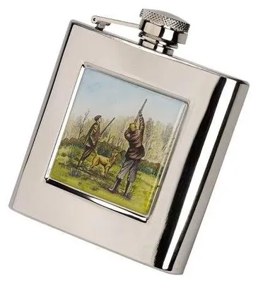 Edelstahl-Hüftflasche 6 oz, langoval, Jagdszene, mit Trichter