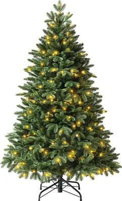 Produktbild von Dehner Künstlicher Weihnachtsbaum Alva, mit 250 warmweißen LEDs, inkl. Metallständer, Höhe 150 cm, Ø 104 cm, PVC/Polyethylen/Metall, grün