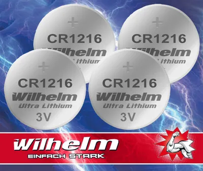 Four coin cell batteries are displayed against a blue, lightning-themed background. A red banner at the bottom features the brand logo and slogan.