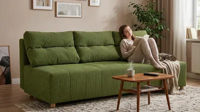 Produktbild von Schlafsofa KIMO Apollo – mit Bettkasten, Cord-Velours in Grün 246, Family Meble, KI-generiertes Bild