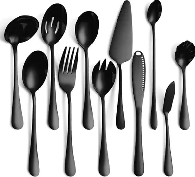 Produktbild von Gebrauchsgegenstände Edelstahl Besteckset, Tafelservice Löffel, Gabel, Sieb, Buttermesser (11-teilig, schwarz)