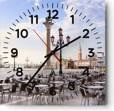 Produktbild von Wanduhr - Quadrat - Glasuhr - Architektur Stadt Venedig - 40x40cm - Schleichendes Uhrwerk - Lautlos - zum Aufhängen bereit - Dekoration Modern - Wanddekoration aus Glas - C4AC40x40-2553