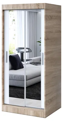 Produktbild von Kleiderschrank Sonoma Eiche & Weiß Matt - 90x200cm - Schiebetürenschrank KARL - mit 2 Spiegeln - für Schlafzimmer & Garderobe