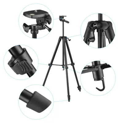 Zdjęcie produktu dla Przenośny statyw z stopu aluminium, maks. 135 cm wysokości, waga 3 kg, nośność z uchwytem na telefon, zdalny wyzwalacz do vlogów na smartfonie, transmisje na żywo