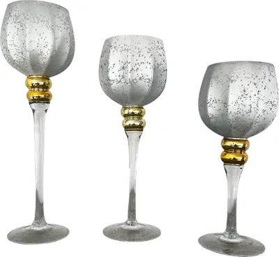 Produktbild von 3-tlg. Set Windlichter aus Glas auf Fuß 30 cm + 35 cm + 40 cm - Kerzengläser auf Fuß - Glaskelche für Kerzen - Teelichthalter 3er Set - Kerzengläser hoch für Tischdeko